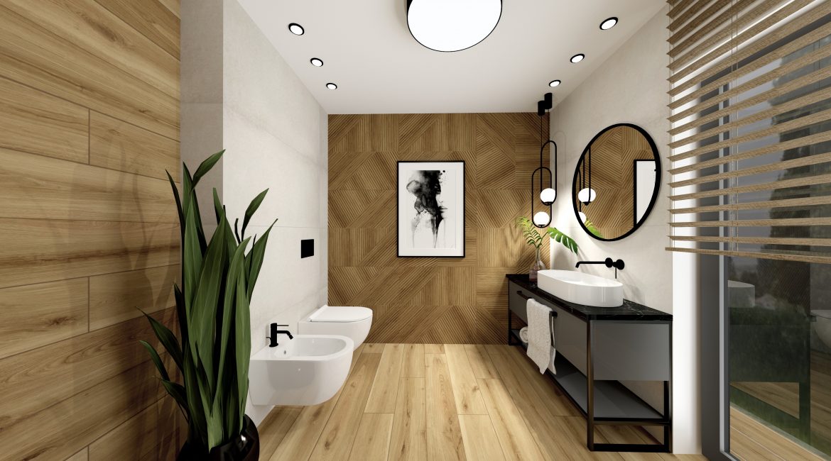Czarna łazienka z elementami drewna