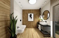 Czarna łazienka z elementami drewna